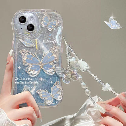 Butterfly Wavy Edge Shiny Clear Lanyard Phone Case For All iPhone 17 Air Pro Max 16 15 14 13 12 11 Pro Plus