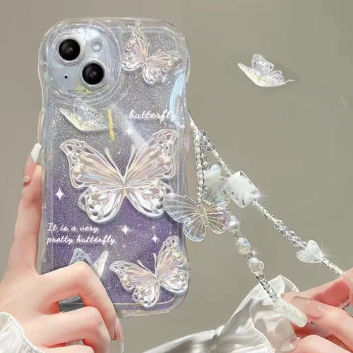 Butterfly Wavy Edge Shiny Clear Lanyard Phone Case For All iPhone 17 Air Pro Max 16 15 14 13 12 11 Pro Plus