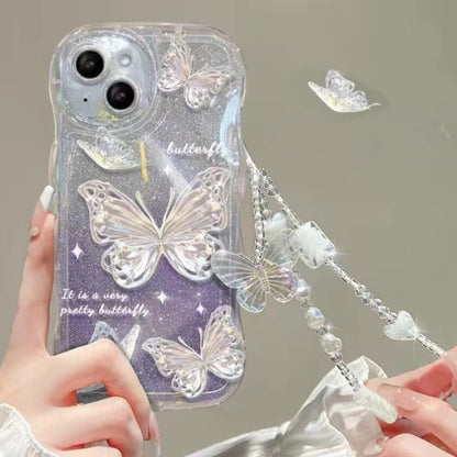 Butterfly Wavy Edge Shiny Clear Lanyard Phone Case For All iPhone 17 Air Pro Max 16 15 14 13 12 11 Pro Plus