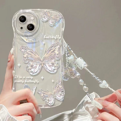 Butterfly Wavy Edge Shiny Clear Lanyard Phone Case For All iPhone 17 Air Pro Max 16 15 14 13 12 11 Pro Plus