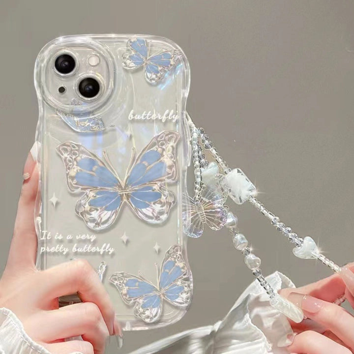 Butterfly Wavy Edge Shiny Clear Lanyard Phone Case For All iPhone 17 Air Pro Max 16 15 14 13 12 11 Pro Plus