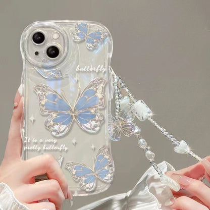Butterfly Wavy Edge Shiny Clear Lanyard Phone Case For All iPhone 17 Air Pro Max 16 15 14 13 12 11 Pro Plus