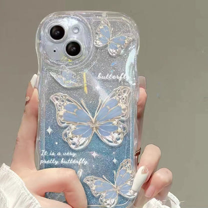 Butterfly Wavy Edge Shiny Clear Lanyard Phone Case For All iPhone 17 Air Pro Max 16 15 14 13 12 11 Pro Plus