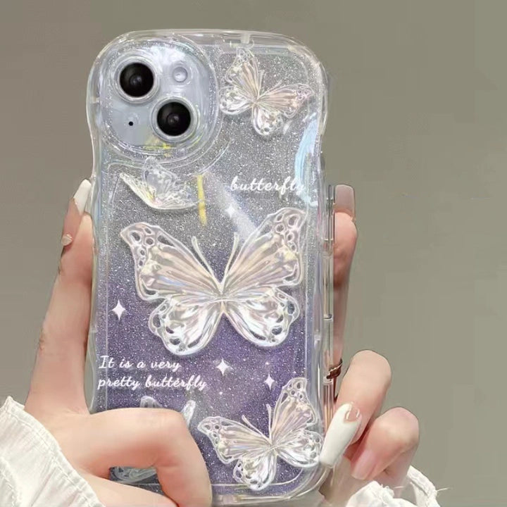 Butterfly Wavy Edge Shiny Clear Lanyard Phone Case For All iPhone 17 Air Pro Max 16 15 14 13 12 11 Pro Plus