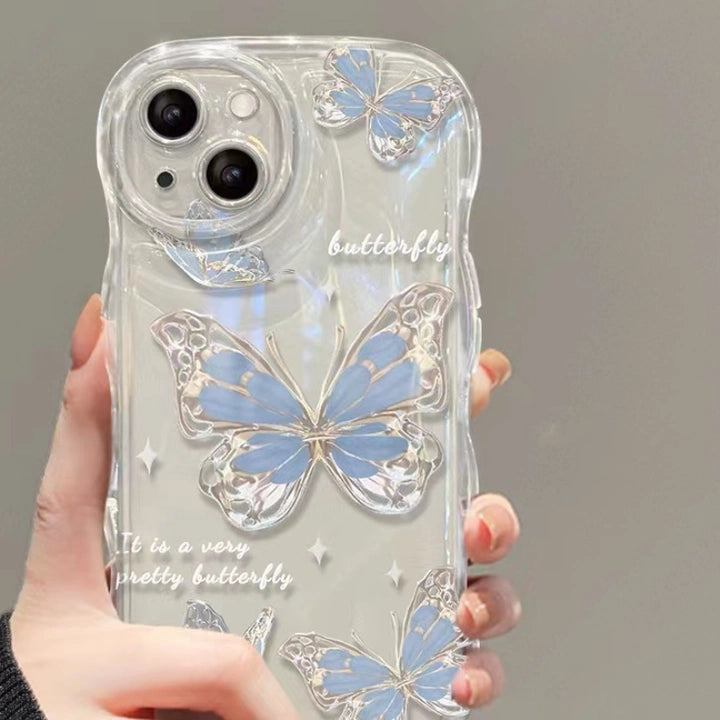 Butterfly Wavy Edge Shiny Clear Lanyard Phone Case For All iPhone 17 Air Pro Max 16 15 14 13 12 11 Pro Plus