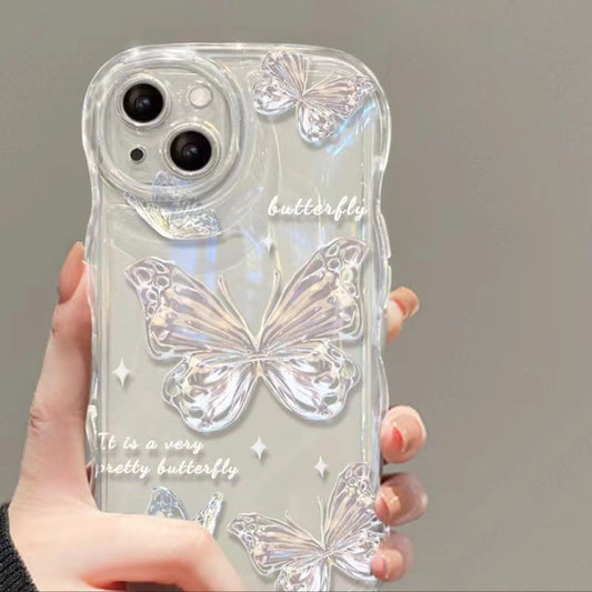 Butterfly Wavy Edge Shiny Clear Lanyard Phone Case For All iPhone 17 Air Pro Max 16 15 14 13 12 11 Pro Plus