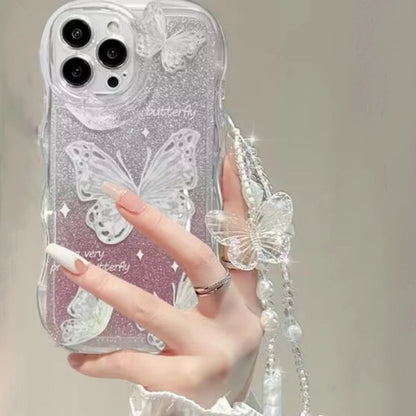 Butterfly Wavy Edge Shiny Clear Lanyard Phone Case For All iPhone 17 Air Pro Max 16 15 14 13 12 11 Pro Plus