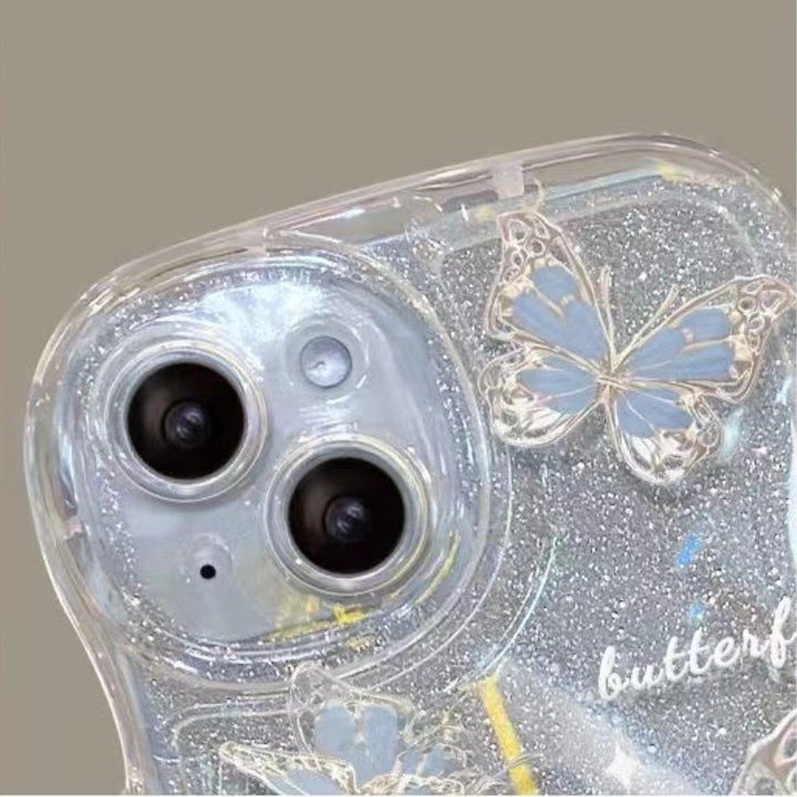 Butterfly Wavy Edge Shiny Clear Lanyard Phone Case For All iPhone 17 Air Pro Max 16 15 14 13 12 11 Pro Plus