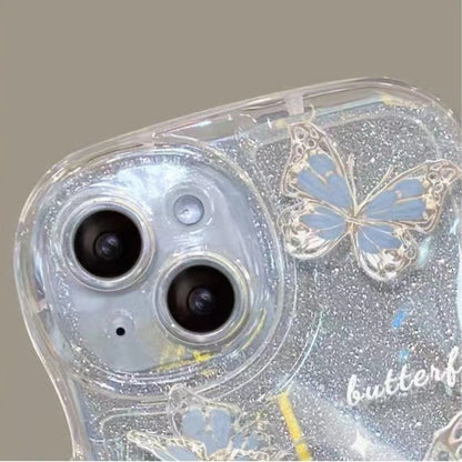 Butterfly Wavy Edge Shiny Clear Lanyard Phone Case For All iPhone 17 Air Pro Max 16 15 14 13 12 11 Pro Plus
