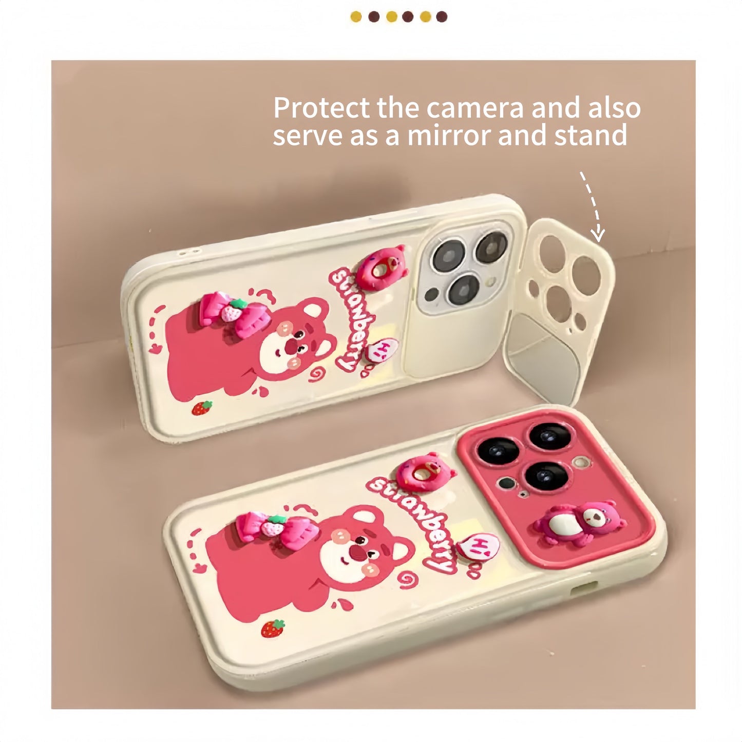 White Strawberry Bear Flip Phone Case with Mirror and Stand