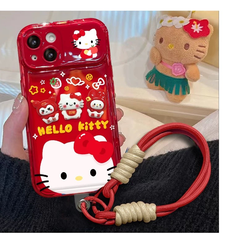3D red Kitty Kuromi flip phone case with mirror and stand.