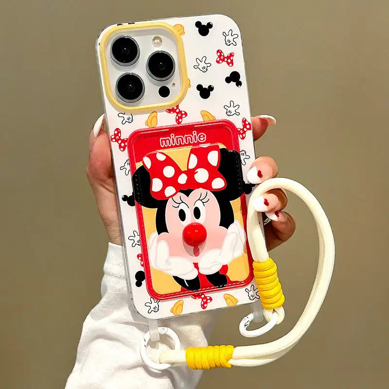 Cartoon 3D Nose Mick Mouse Card Slot Case for iPhone with Lanyard