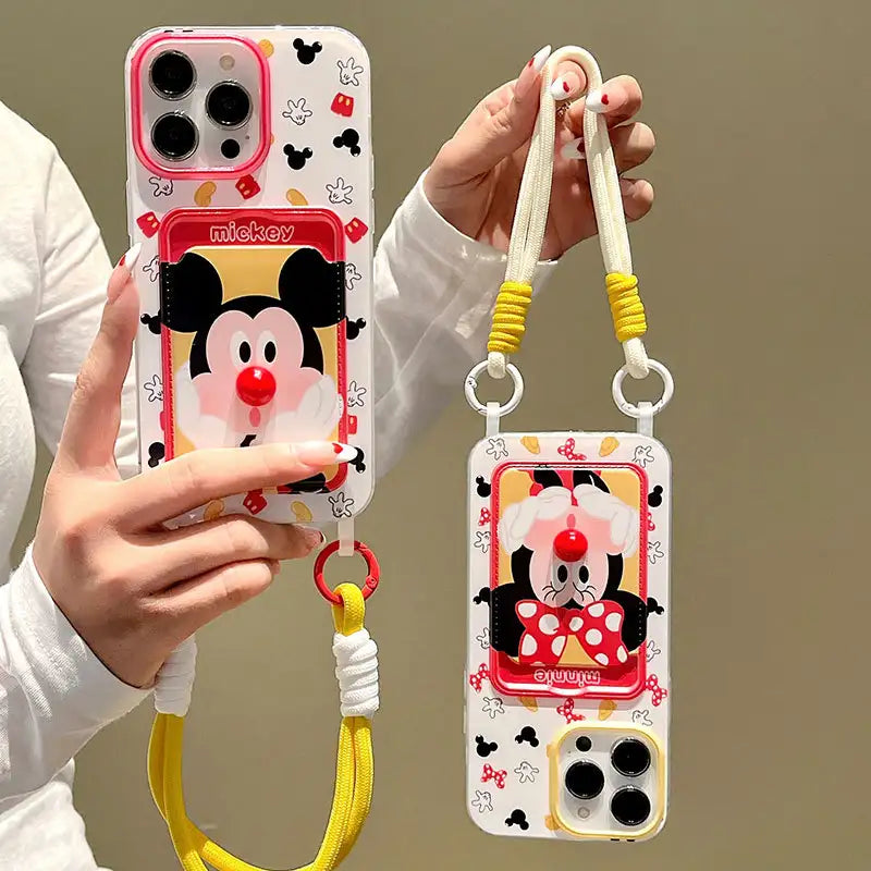 Cartoon 3D Nose Mick Mouse Card Slot Case for iPhone with Lanyard