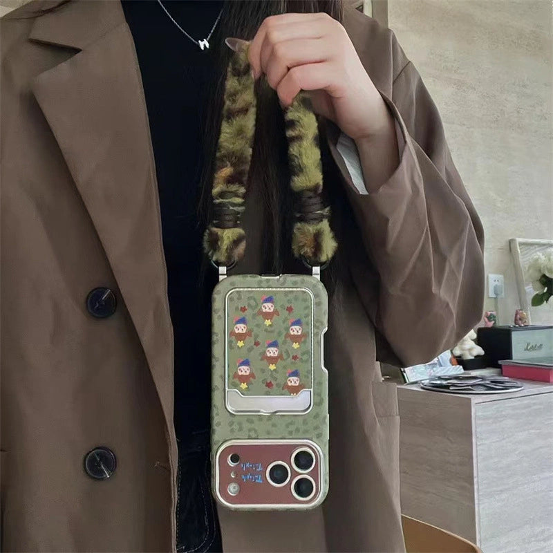 Cartoon Cowboy With Velvet Charm Lanyard Phone Case for iPhone 17 Air 16 15 14Pro Max Plus Leopard Back Cover