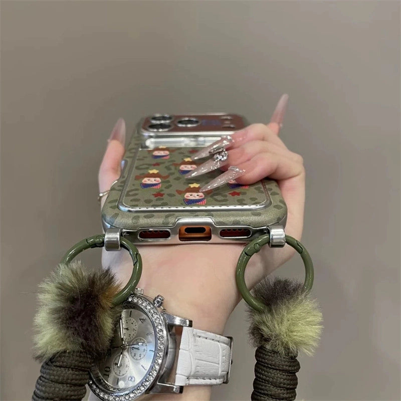 Cartoon Cowboy With Velvet Charm Lanyard Phone Case for iPhone 17 Air 16 15 14Pro Max Plus Leopard Back Cover