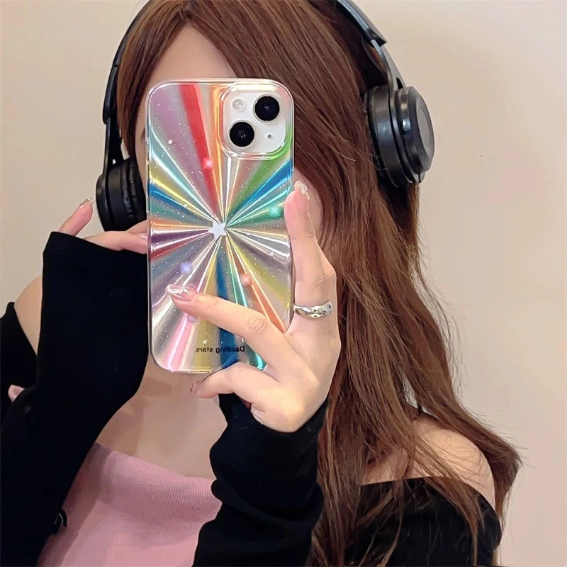 Colorful Rainbow Stars Glitter Phone Case For iPhone 15 16 Pro Max 17 13 11 12 14 Plus IMD Silicone Shockproof Back Cover Shell