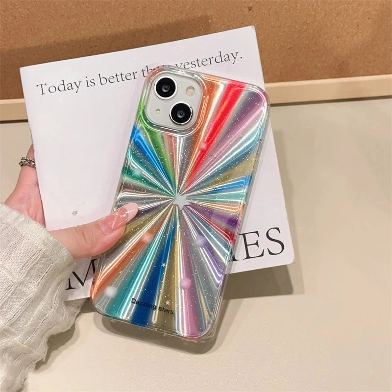 Colorful Rainbow Stars Glitter Phone Case For iPhone 15 16 Pro Max 17 13 11 12 14 Plus IMD Silicone Shockproof Back Cover Shell
