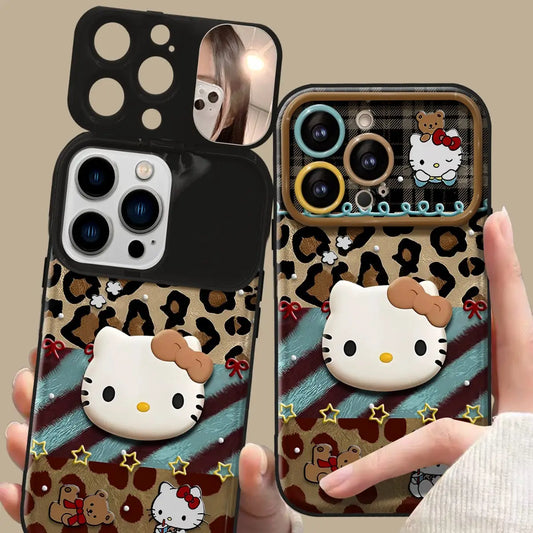 Cute 3D Bow Kitty with Mirror Lens Protector Phone Case For iPhone Charm Back Cover