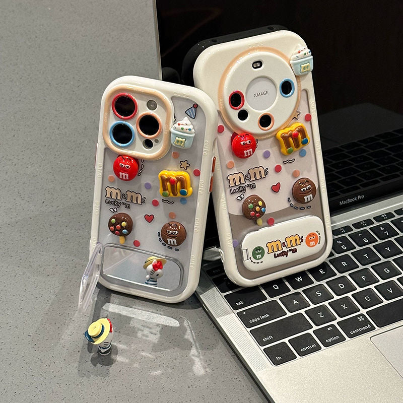 Cute 3D Chocolate Beans Mirror Kickstand Silicone Phone Case for iPhone 17 16 15 14 13 12 11 Pro Max X Xr 7 8