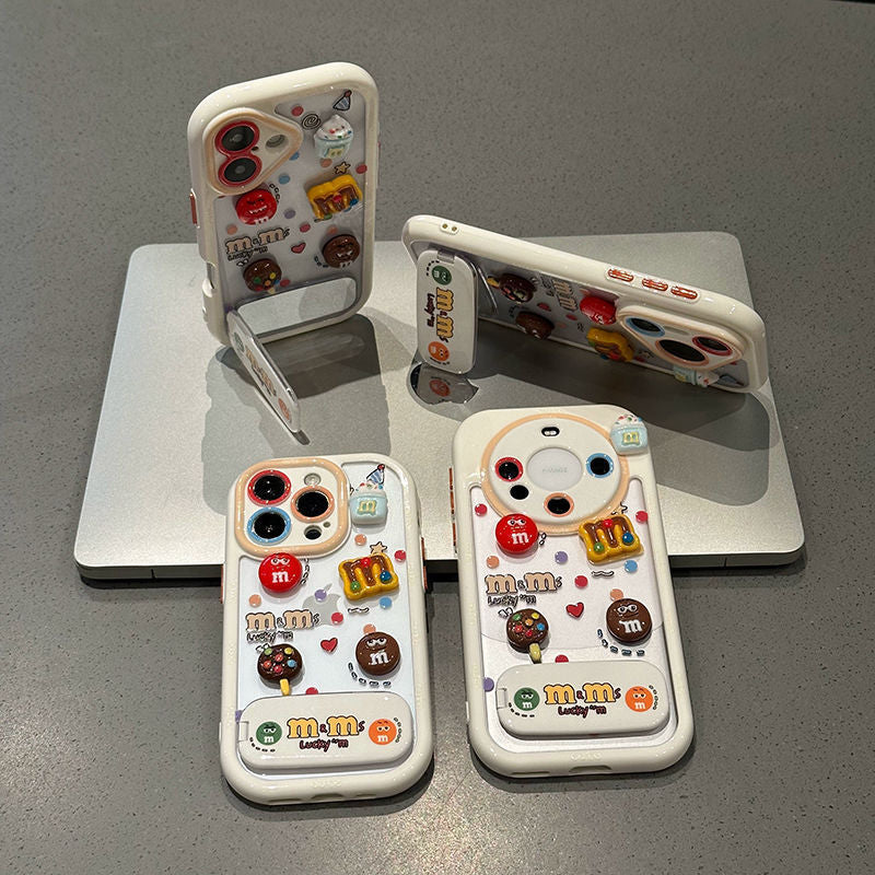 Cute 3D Chocolate Beans Mirror Kickstand Silicone Phone Case for iPhone 17 16 15 14 13 12 11 Pro Max X Xr 7 8