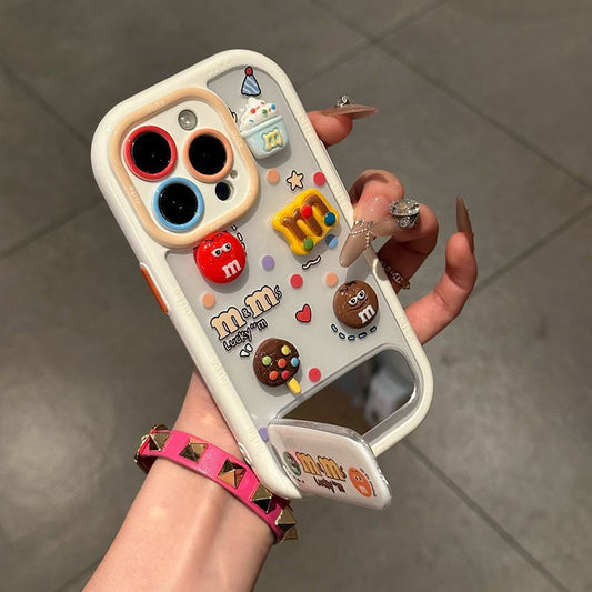 Cute 3D Chocolate Beans Mirror Kickstand Silicone Phone Case for iPhone 17 16 15 14 13 12 11 Pro Max X Xr 7 8