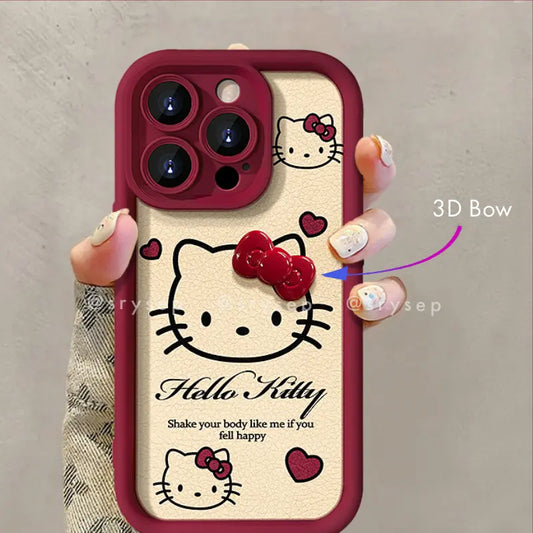Cute Bow Kitty Leather Phone Case For iPhone With Charm