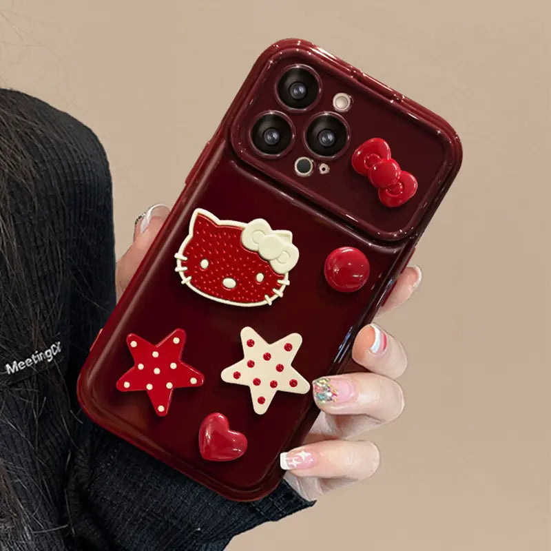 Cute Bow Kitty with Mirror Lens Protector Phone Case For iPhone Charm Back Cover