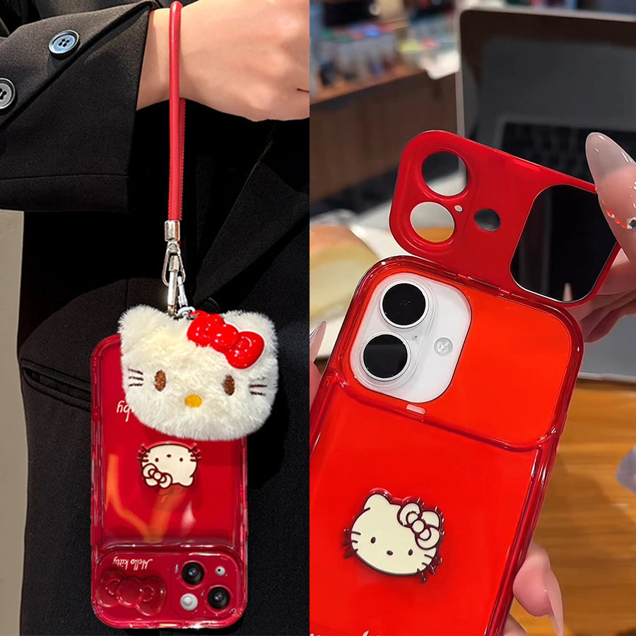 Red phone case with Kitty design held by a person, close-up of the case.