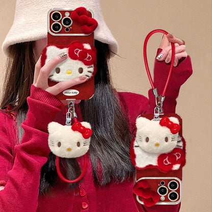 Cute Bow Kitty with Plush Kitten Charm Lanyard Leather iPhone Case For iPhone 17 16 15 14 13 12 Pro Max Plus 11 XR 7 8 6