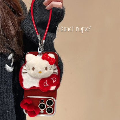 Cute Bow Kitty with Plush Kitten Charm Lanyard Leather iPhone Case For iPhone 17 16 15 14 13 12 Pro Max Plus 11 XR 7 8 6