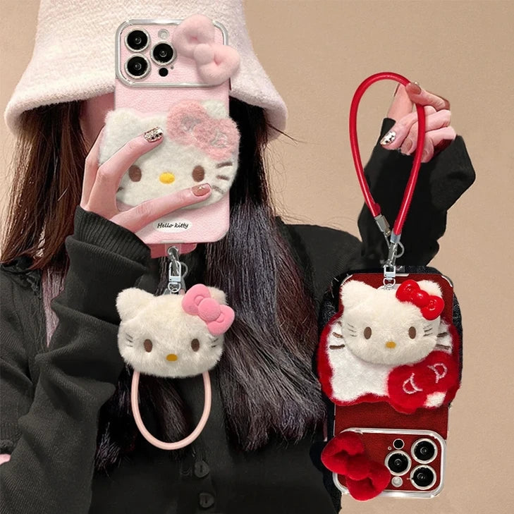 Cute Bow Kitty with Plush Kitten Charm Lanyard Leather iPhone Case For iPhone 17 16 15 14 13 12 Pro Max Plus 11 XR 7 8 6