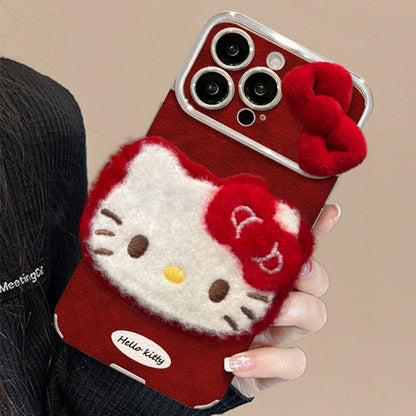 Cute Bow Kitty with Plush Kitten Charm Lanyard Leather iPhone Case For iPhone 17 16 15 14 13 12 Pro Max Plus 11 XR 7 8 6