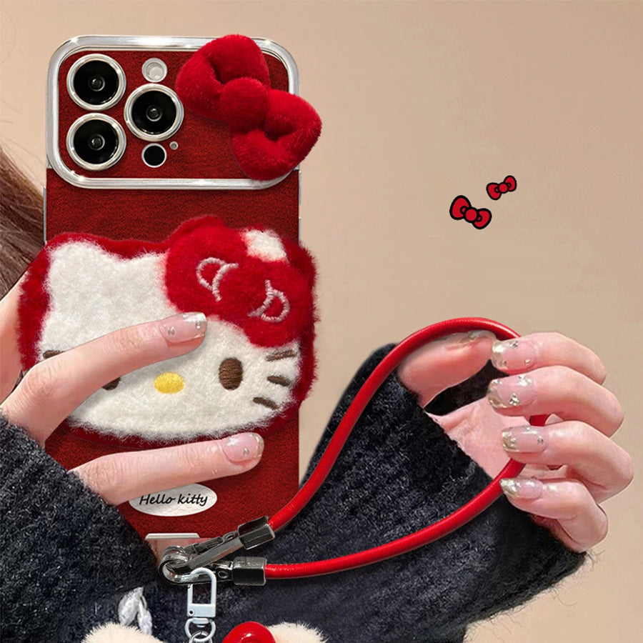 Cute Bow Kitty with Plush Kitten Charm Lanyard Leather iPhone Case For iPhone 17 16 15 14 13 12 Pro Max Plus 11 XR 7 8 6