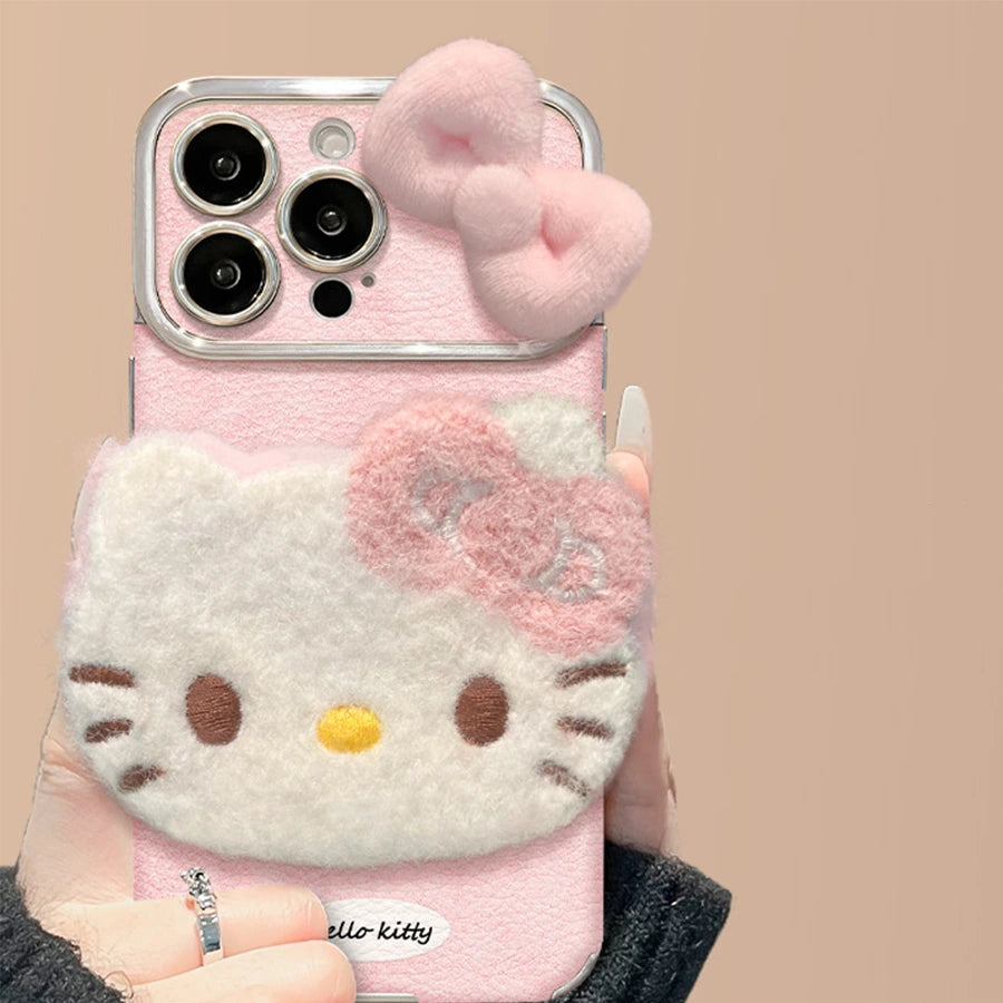 Cute Bow Kitty with Plush Kitten Charm Lanyard Leather iPhone Case For iPhone 17 16 15 14 13 12 Pro Max Plus 11 XR 7 8 6