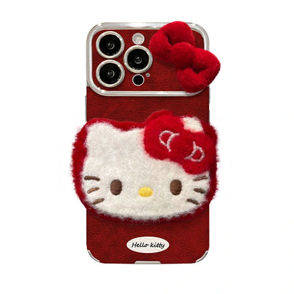 Cute Bow Kitty with Plush Kitten Charm Lanyard Leather iPhone Case For iPhone 17 16 15 14 13 12 Pro Max Plus 11 XR 7 8 6