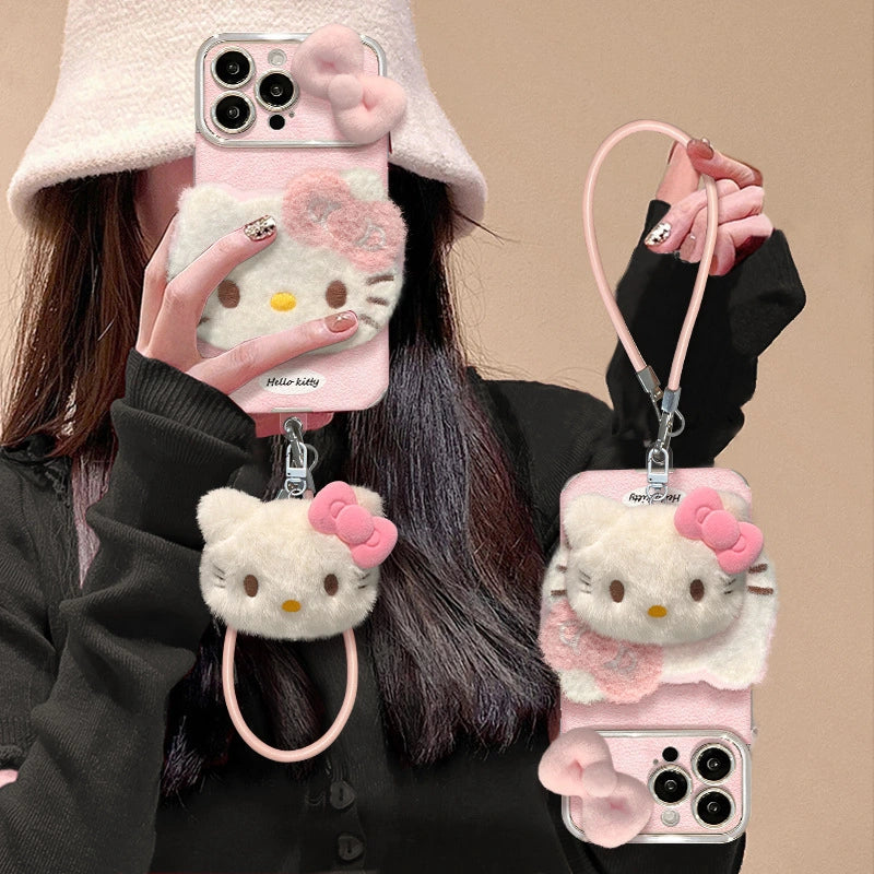 Cute Bow Kitty with Plush Kitten Charm Lanyard Leather iPhone Case For iPhone 17 16 15 14 13 12 Pro Max Plus 11 XR 7 8 6
