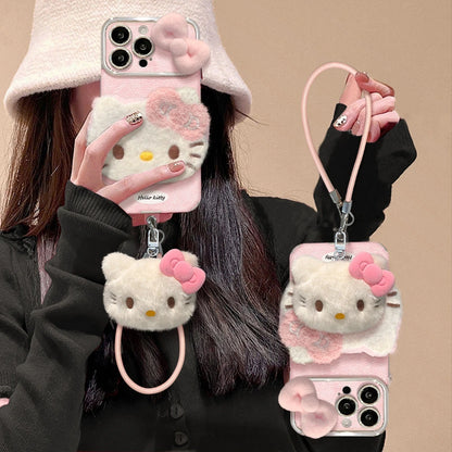 Cute Bow Kitty with Plush Kitten Charm Lanyard Leather iPhone Case For iPhone 17 16 15 14 13 12 Pro Max Plus 11 XR 7 8 6
