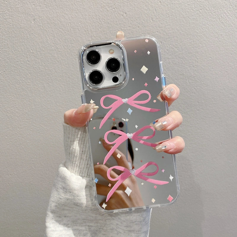 Cute Bow Mirror Phone Case for iPhone 17 16 15 14 13 12 11 Pro Max X Xr
