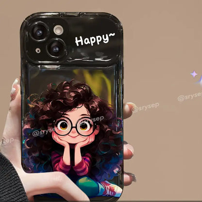 Cute Curly Haired Girl Pendant Phone Case For iPhone With Makeup Mirror Back Cover