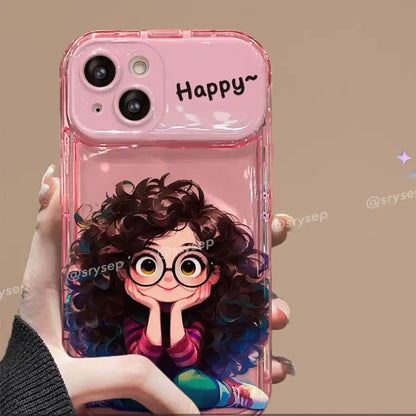 Cute Curly Haired Girl Pendant Phone Case For iPhone With Makeup Mirror Back Cover