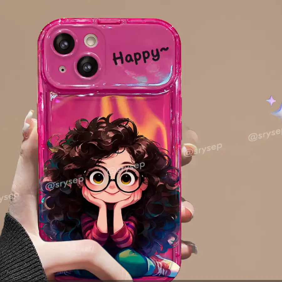 Cute Curly Haired Girl Pendant Phone Case For iPhone With Makeup Mirror Back Cover