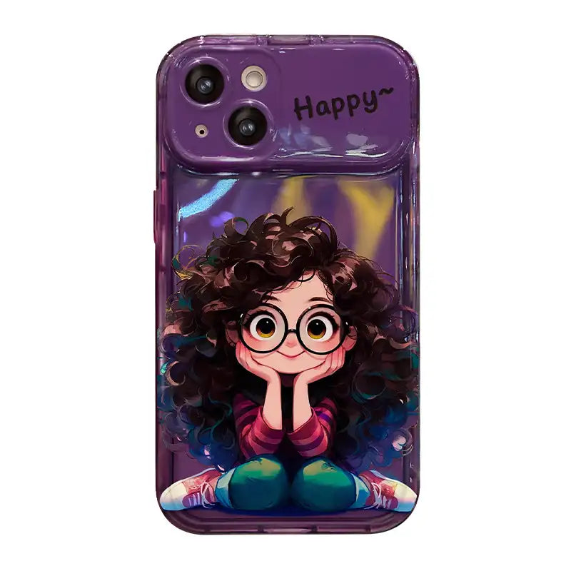 Cute Curly Haired Girl Pendant Phone Case For iPhone With Makeup Mirror Back Cover