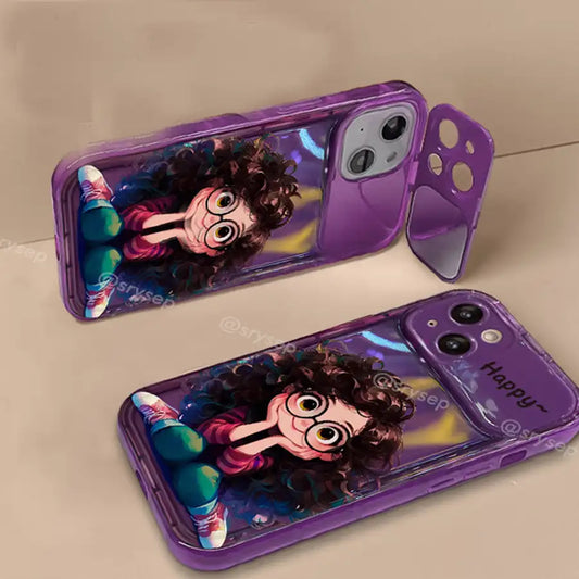 Cute Curly Haired Girl Pendant Phone Case For iPhone With Makeup Mirror Back Cover