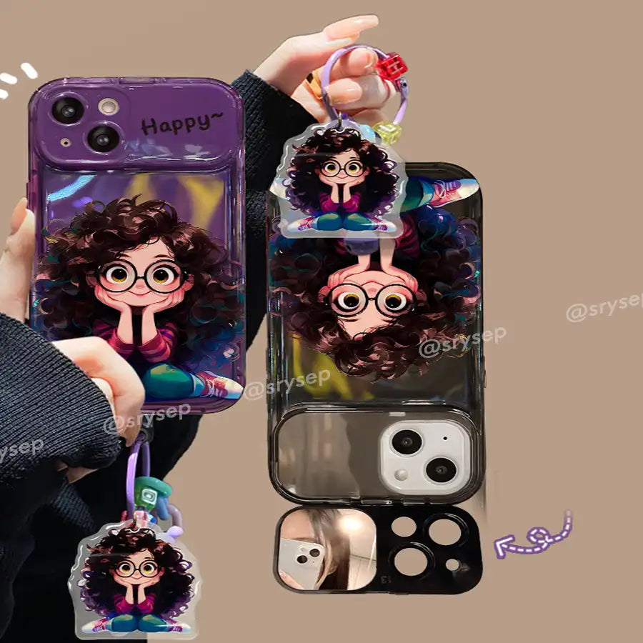 Cute Curly Haired Girl Pendant Phone Case For iPhone With Makeup Mirror Back Cover
