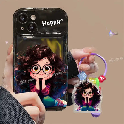 Cute Curly Haired Girl Pendant Phone Case For iPhone With Makeup Mirror Back Cover