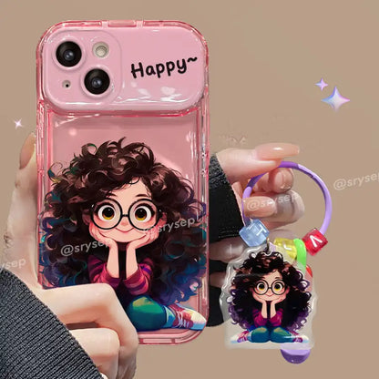 Cute Curly Haired Girl Pendant Phone Case For iPhone With Makeup Mirror Back Cover