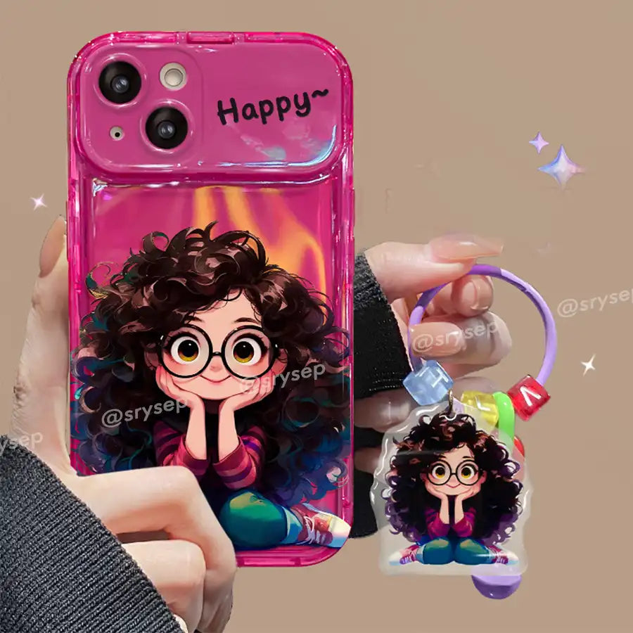 Cute Curly Haired Girl Pendant Phone Case For iPhone With Makeup Mirror Back Cover