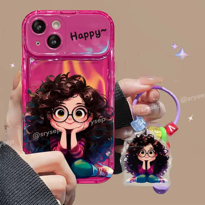 Cute Curly Haired Girl Pendant Phone Case For iPhone With Makeup Mirror Back Cover