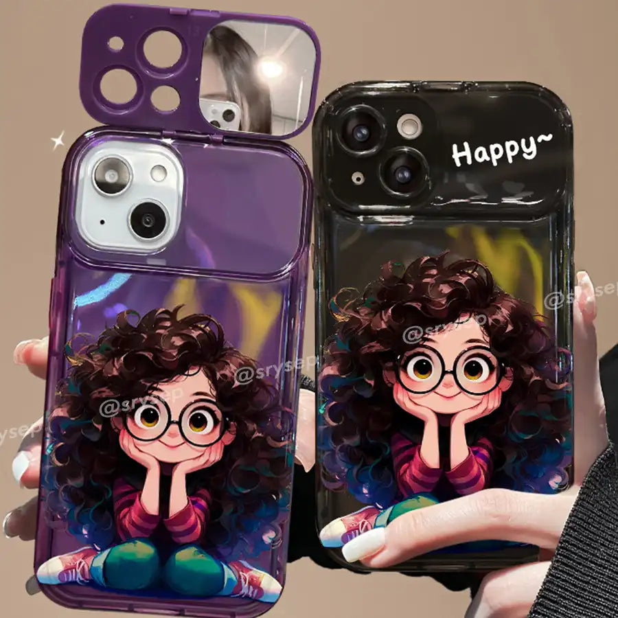 Cute Curly Haired Girl Pendant Phone Case For iPhone With Makeup Mirror Back Cover