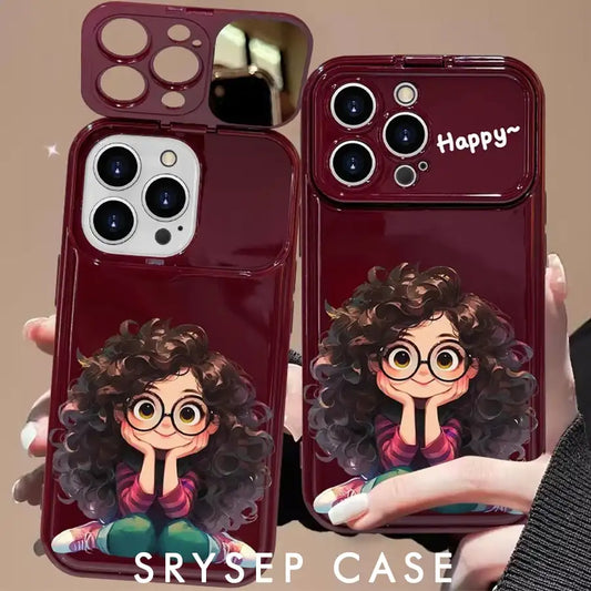 Cute Curly Haired Girl Pendant Phone Case For iPhone With Makeup Mirror Back Cover